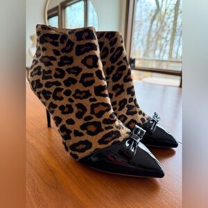 Charlotte Olympia Leopard Print Ankle Boots with Black Patent Bow Toe NWT